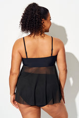 Plus Size Knot Front Mesh Overlay Tankini Top