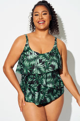 Green Leaf V-neck Irregular Ruffle Women Tankini Top