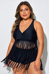 Black Tassel Cross Back Tankini Top
