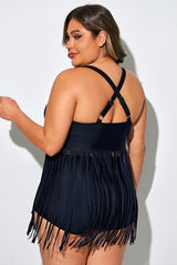Black Tassel Cross Back Tankini Top