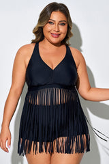 Black Tassel Cross Back Tankini Top