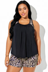 Black & Leopard Print Stitching Racerback Tankini Top