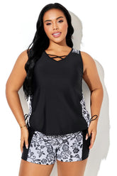 Black Floral Cross-Neck Retro Pattern Tankini Top