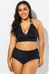 Fashionable Black V-neck Halter Bikini Set