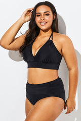 Fashionable Black V-neck Halter Bikini Set