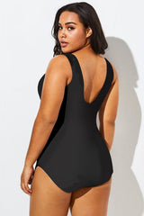 Black V-neck Sarong Front One Piece Swimsuit