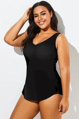 Black V-neck Sarong Front One Piece Swimsuit