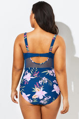 Floral Print Cut Out Mesh Underwire One Piece Swimsuit