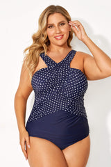 Blue High Neck Dot Wrap One Piece Swimsuit