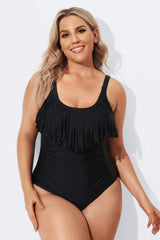 Black V-Neck Fringe Vintage One Piece Swimsuits