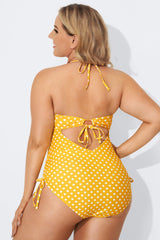 Yellow Self-Tie Halter Dot One Piece Swimsuit
