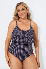 Navy Scoopneck Dot Tiered One Piece Swimsuit