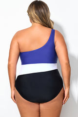 Plus Size Tricolor Colorblock One Shoulder One Piece Swimsuit