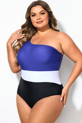Plus Size Tricolor Colorblock One Shoulder One Piece Swimsuit