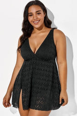 Black Crochet Side Slit V-Neck Graceful Swimdress