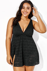 Black Crochet Side Slit V-Neck Graceful Swimdress