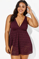 Wine Crochet Side Slit V-Neck Graceful Swimdress