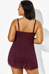 Wine Crochet Side Slit V-Neck Graceful Swimdress