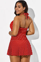 Red Halter Twist-front Polka Dot Swimdress