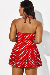 Red Halter Twist-front Polka Dot Swimdress