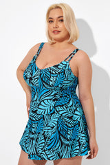 Blue Leaves Printed V-neck Women Swimdress
