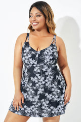 Black Floral Printed Double Strap Women Swimdress