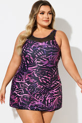 Purple Painterly Leaves Mesh High Neck Swimdress