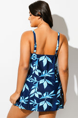 Blue Leaf Print Square Neckline Women Stylish Swimdress