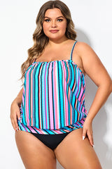 Women Stripe Bandeau Blouson Tankini Top