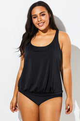 Black Racerback Tummy Control Blouson Tankini Set