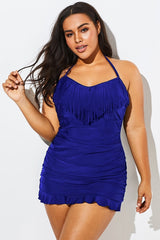 Navy Halter Fringe Ruffle Hem Bandeau Swimdress