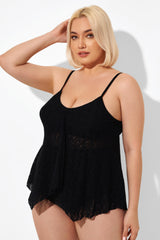 Black Handkerchief Crochet V-Neck Tankini Top