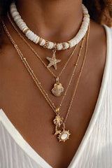 Starfish Shell Sun Pendant Layered Necklace