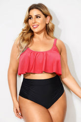 Dark Pink Scoop Neck Ruffle Bikini Top