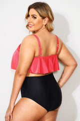 Dark Pink Scoop Neck Ruffle Bikini Top