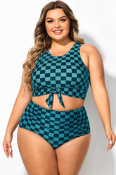 Plus Size Blue Check Knotted Crop Bikini Top