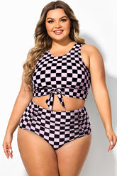 Black & Pink Check Knotted Crop Bikini Top