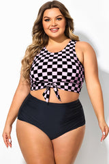 Black & Pink Check Knotted Crop Bikini Top