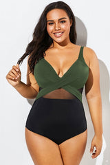 Colorblock Cut Out Mesh Underwire One Piece Swimsuit
