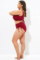 Red Drawstring Side High Waisted Bikini Bottom