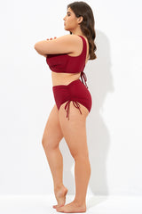 Red Drawstring Side High Waisted Bikini Bottom