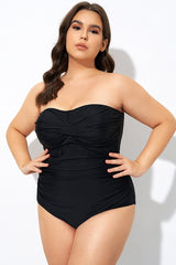 Plain Black Twist Front Bandeau One Piece Swimsuit