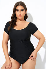 Elegant Solid Black Ladder Back One Piece Swimsuit
