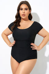 Elegant Solid Black Ladder Back One Piece Swimsuit