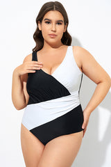 Black and White Plunge V-neckline One Piece Swimsuit
