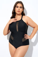 Black High Neck Plunge Mesh Cutout One Piece Swimsuit