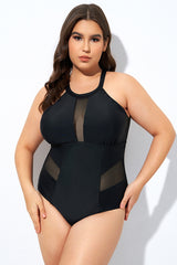 Black High Neck Plunge Mesh Cutout One Piece Swimsuit