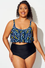 Colorful Leaf Print Crew Neck Ruffled Bikini Top