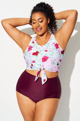 Wine Red Floral Print Knotted Crop Bikini Top