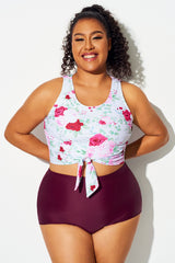 Wine Red Floral Print Knotted Crop Bikini Top